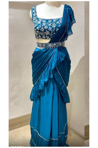 Blue pre stitched saree