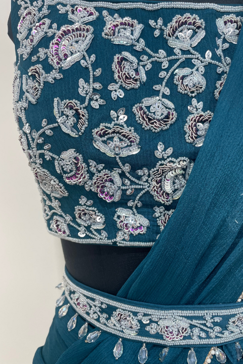 Blue pre stitched saree