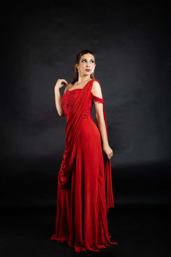 TOMATO RED SAREE DRAPED GOWN – Kuro Clothing India