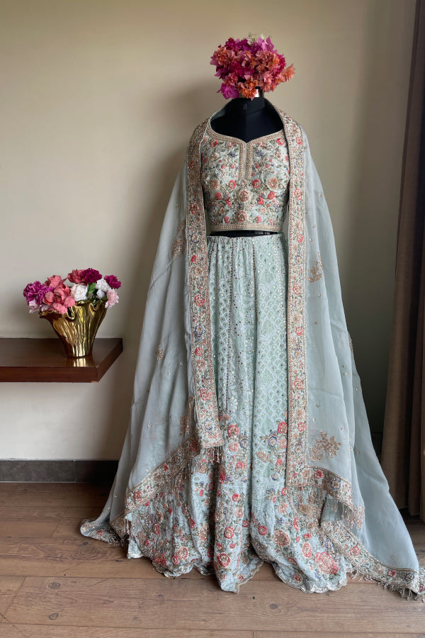 Blue chikankari embroidered lehenga set – Kuro Clothing India