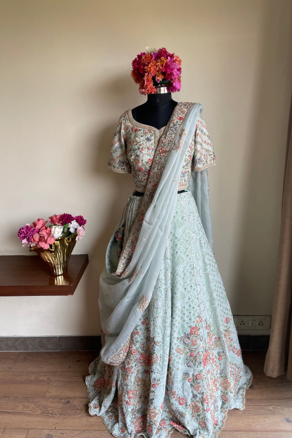 Blue chikankari embroidered lehenga set – Kuro Clothing India