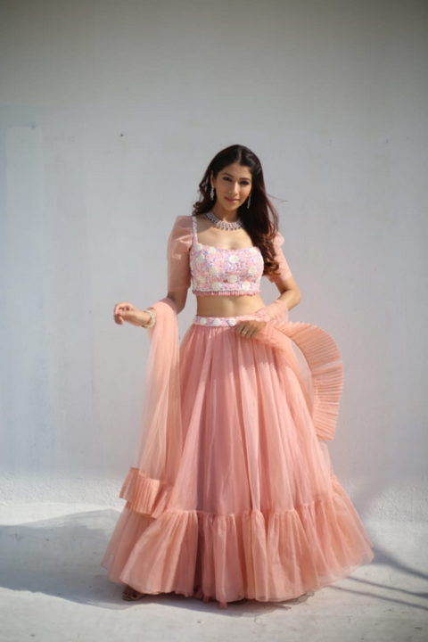 Buy Embroidered Crop Top with Pink Drape Skirt by SVA BY SONAM & PARAS MODI  at Ogaan Online Shopping Site