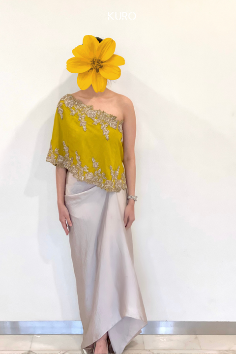 gold embroidered yellow cape set with silk asymmetrical skirt