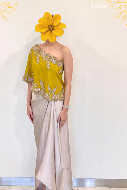 gold embroidered yellow cape set with silk asymmetrical skirt