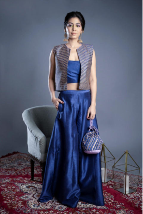 Buy Mahogany Palazzo In Satin With Matching Crop Top And Heavy Embroidered  Long Net Jacket Online - Kalki Fashion