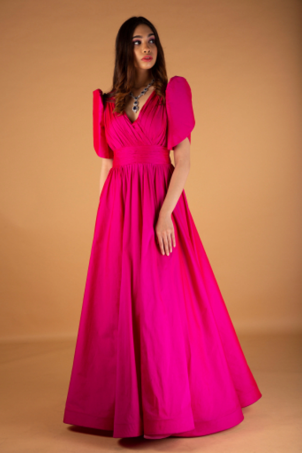 Solid pink gown with tulip sleeve